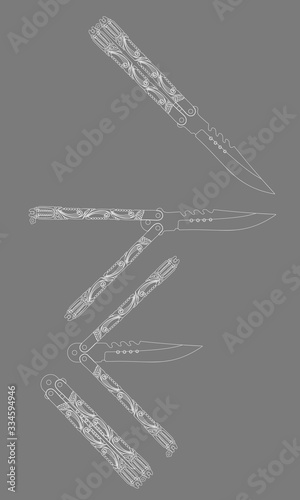 Beautiful white contour balisong in four different positions on grey backround