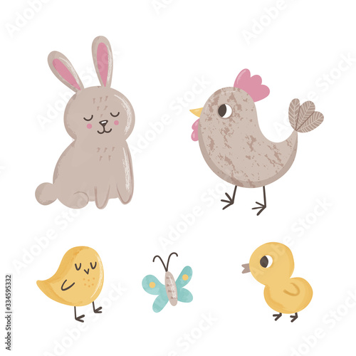 Cute set with spring animals: butterfly, chicks, chicken and rabbit on white background 