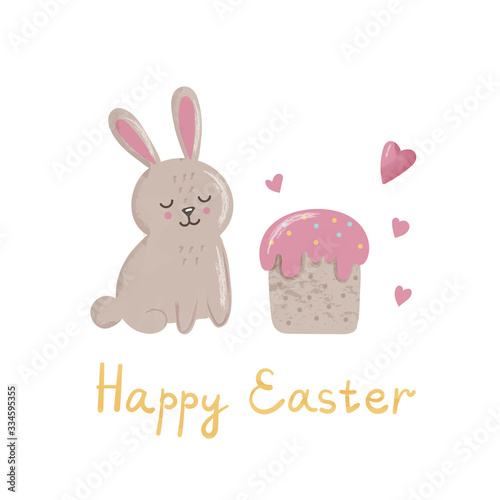 Cute bunny with cake, hearts and lettering. Concept for Easter