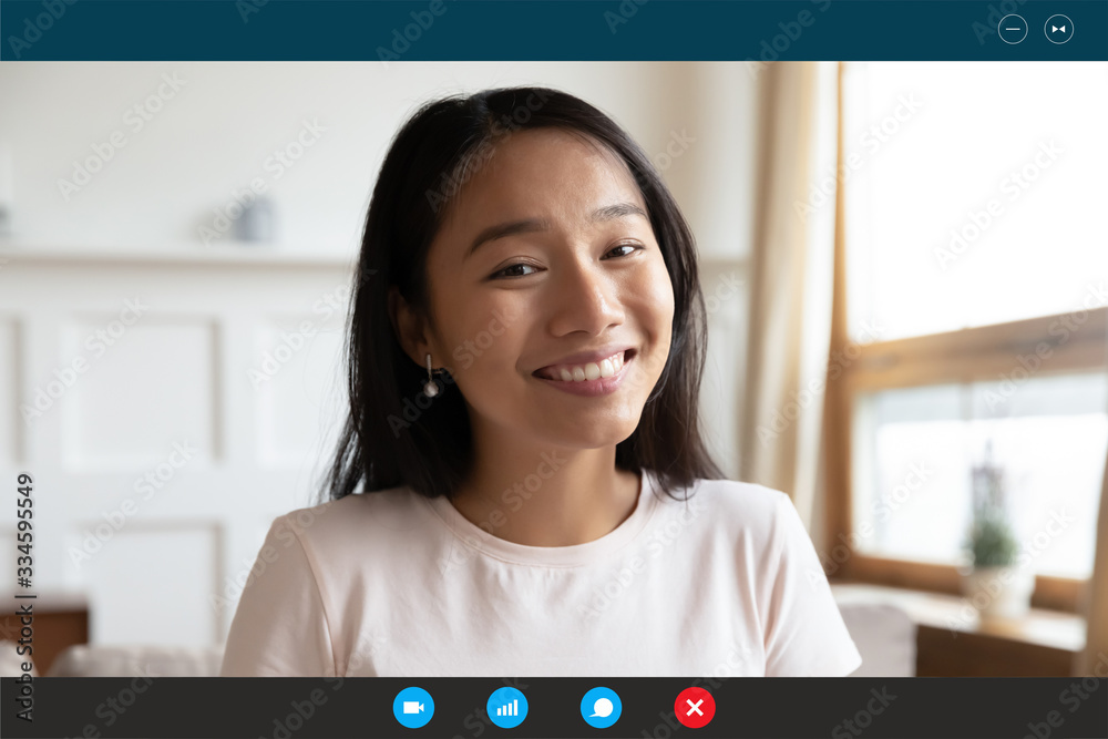 Headshot portrait screen application view of happy millennial Asian girl  talk on video call online, smiling young ethnic woman speak have pleasant Webcam  chat on laptop, quarantine alone at home Stock Photo
