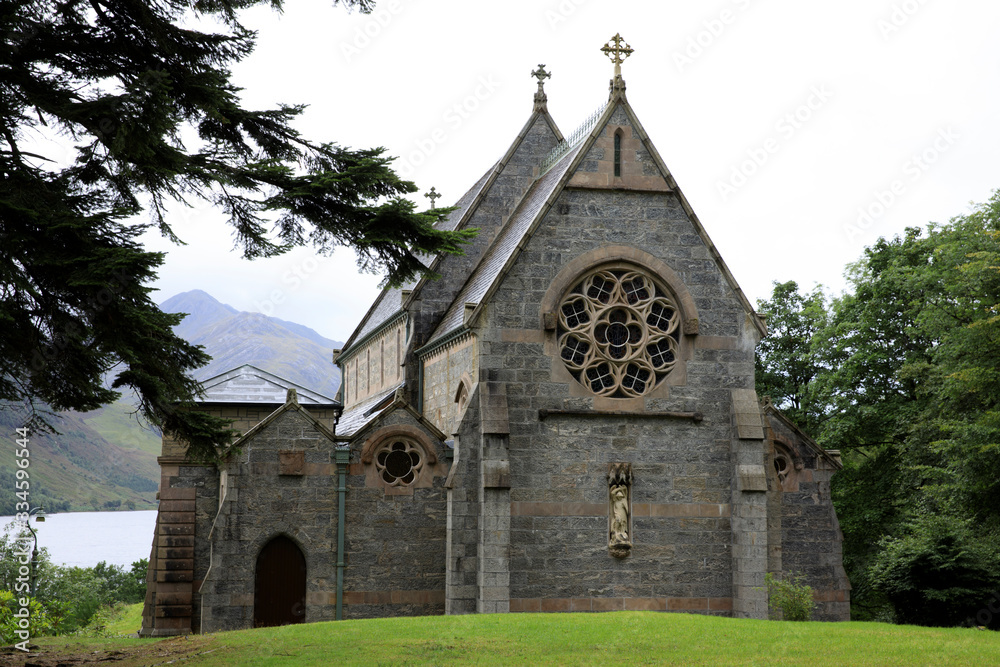Skye Island (Scotland), UK - August 15, 2018: View of Loch Shiel and St Mary St Finnan's Church, Inner Hebrides, Scotland, United Kingdom