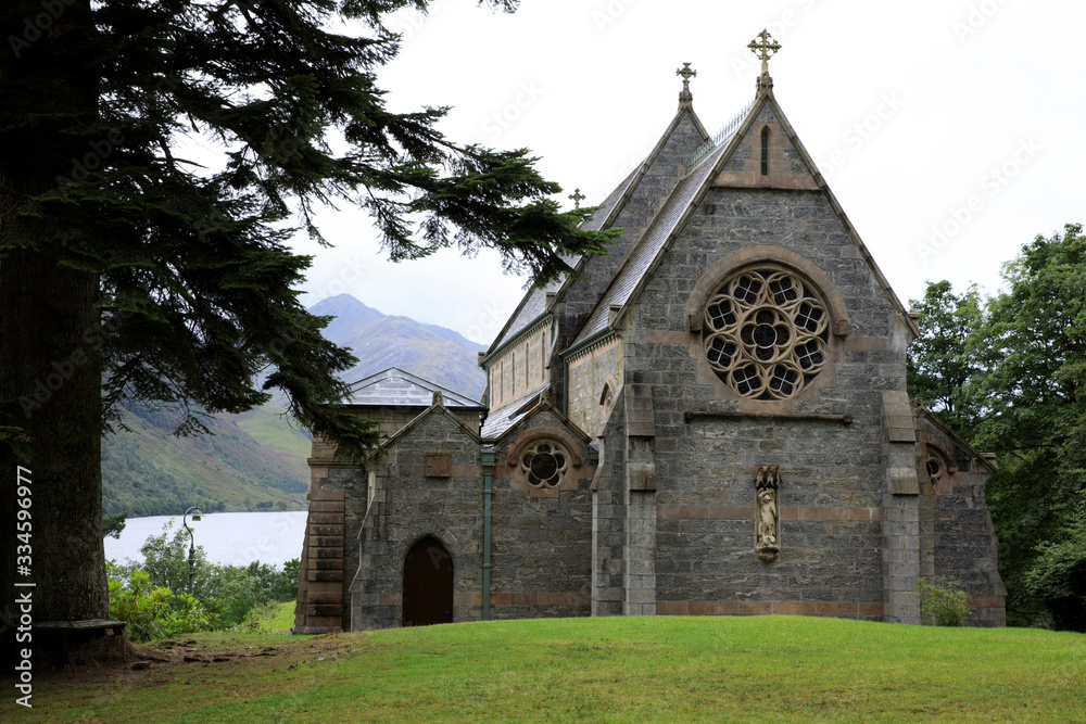 Skye Island (Scotland), UK - August 15, 2018: View of Loch Shiel and St Mary St Finnan's Church, Inner Hebrides, Scotland, United Kingdom
