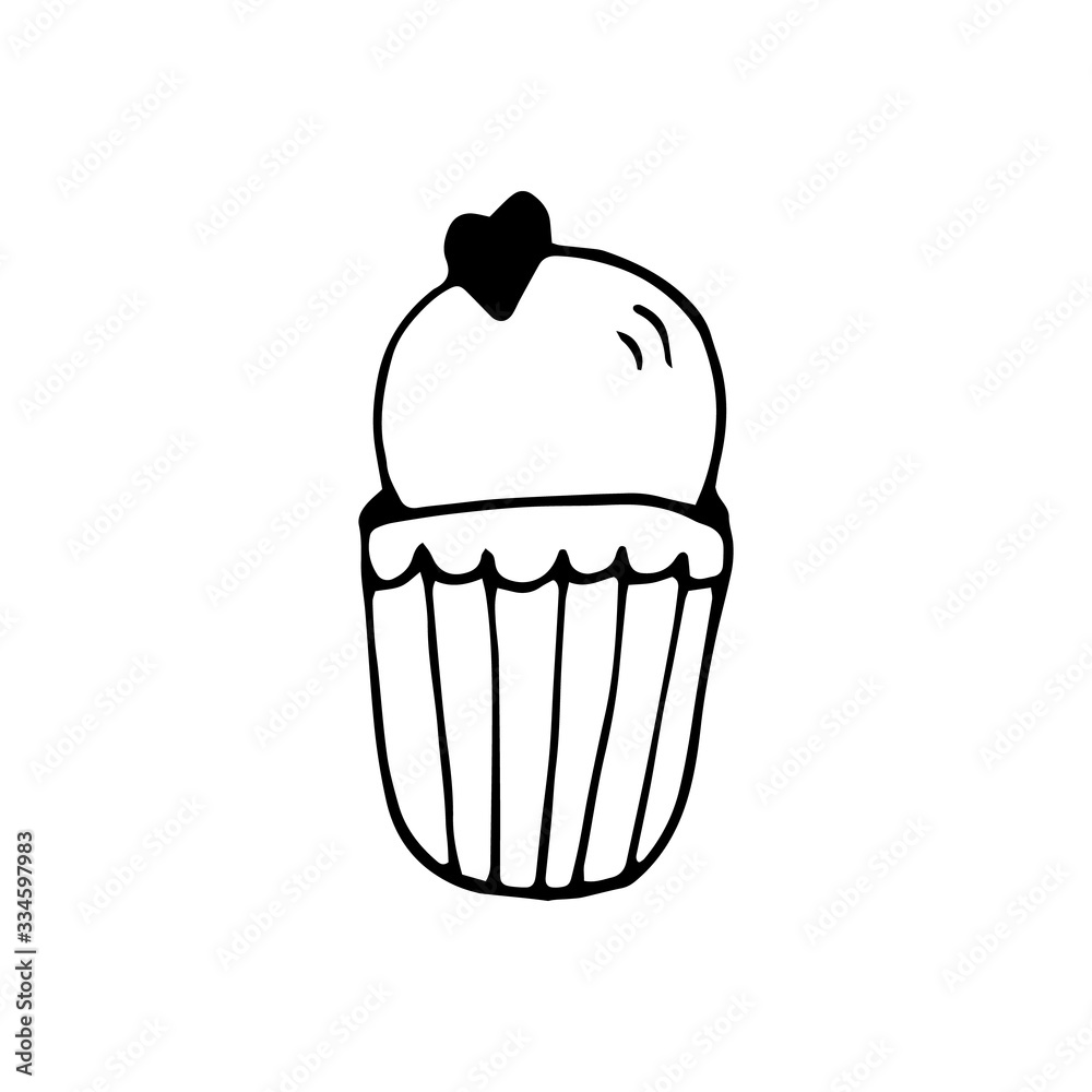 Single hand drawn cupcake, muffin. Doodle vector illustration in cute scandinavian style. Element for greeting cards, posters, stickers and seasonal design. Isolated on white background Single hand drawn cupcake, muffin. Doodle vector illustration in cute scandinavian style. Element for greeting cards, posters, stickers and seasonal design. Isolated on white background