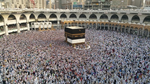 MECCA, SAUDI ARABIA,  August 2019 - Muslim pilgrims from all over the world gathered to perform Umrah or Hajj at the Haram Mosque in Mecca, Saudi Arabia, days of Hajj or Omrah