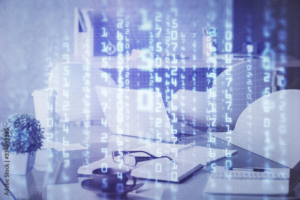 Double exposure of data theme drawing and office interior background. Concept of technology. Double exposure of data theme drawing and office interior background. Concept of technology.