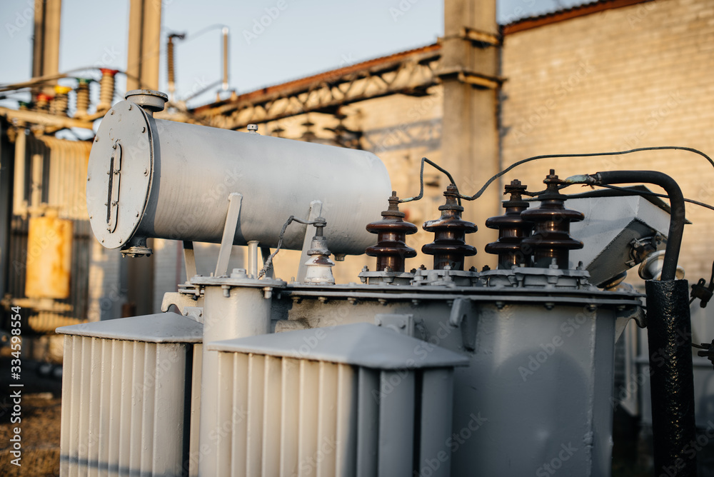 Power transformer at the electrical substation. Power engineering. Industry Power transformer at the electrical substation. Power engineering. Industry