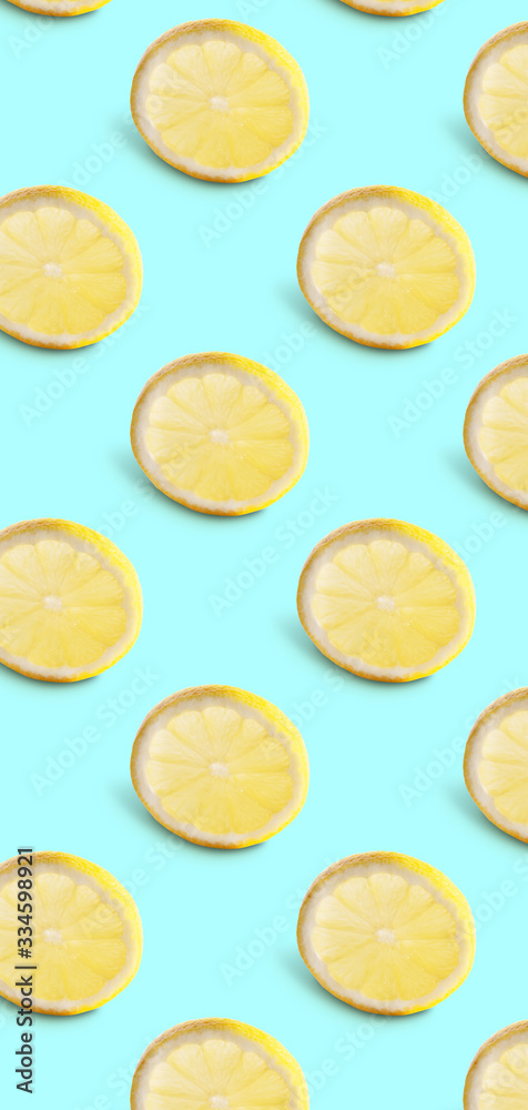 Seamless pattern of lemon slices on blue background. Food texture Seamless pattern of lemon slices on blue background. Food texture