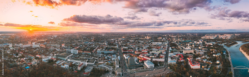 Gomel, Belarus. Aerial View Of Homiel Cityscape Skyline In Autumn Evening. Residential District And River During Sunset. Bird's-eye View. Panorama, Panoramic View