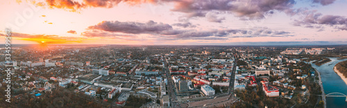 Gomel, Belarus. Aerial View Of Homiel Cityscape Skyline In Autumn Evening. Residential District And River During Sunset. Bird's-eye View. Panorama, Panoramic View © Grigory Bruev