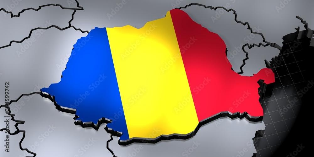 Obraz premium Romania - country borders and flag - 3D illustration