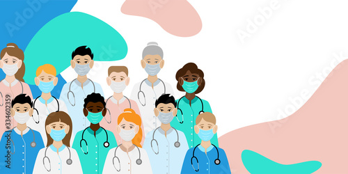 Health care. Banner for the site with an international doctors, nurses, paramedics