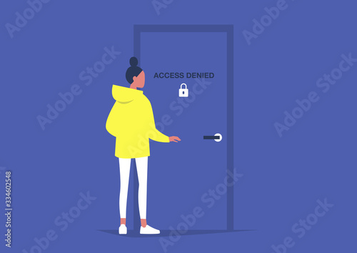 Lock down, stay at home, young female character standing next to a locked door, self isolation