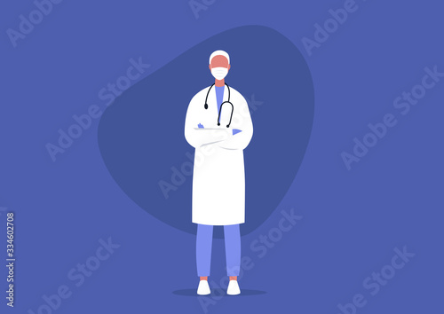Young male doctor standing with crossed arms, professional help, medical uniform, health care concept