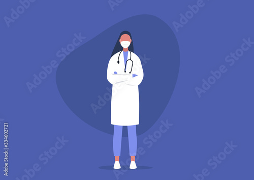 Young male doctor standing with crossed arms, professional help, medical uniform, health care concept