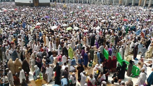 MECCA, SAUDI ARABIA, August 2019 - Muslim pilgrims from all over the world gathered to perform Umrah or Hajj at the Haram Mosque in Mecca, Saudi Arabia, days of Hajj or Omrah