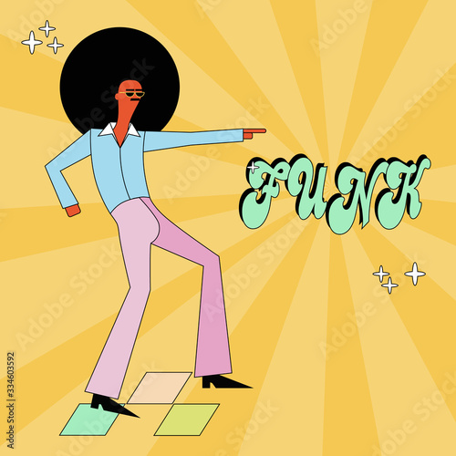 Funk and disco party dancer  in cool cartoon style. Man dressed in 1970s fashion. Funk music  poster.