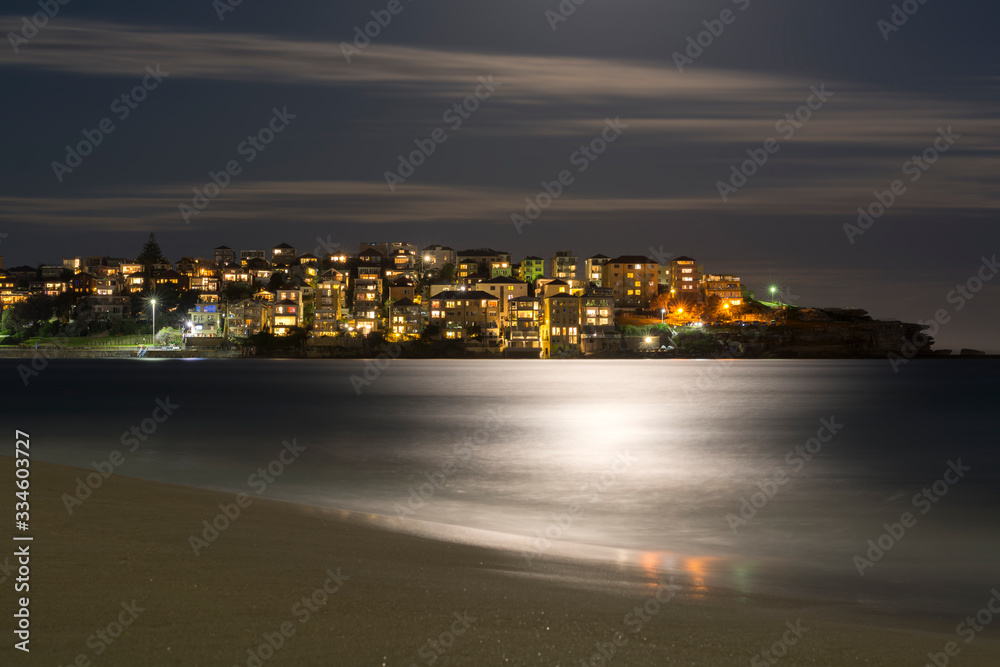 Long exposure photo of Bondi Beach at night, Sydney Australia