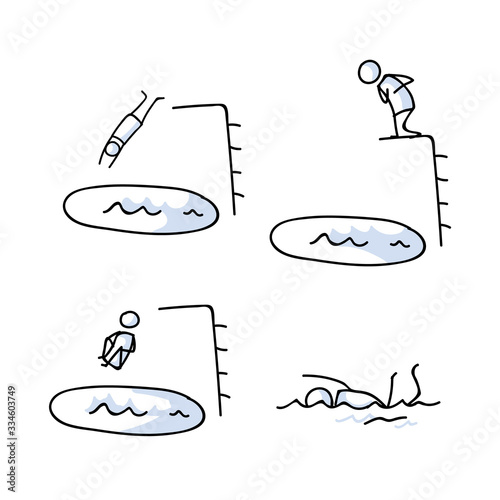 Cute stick figure standing on diving board set vector clipart.Courageous athlete dive board. Hand drawn pictogram of leisure holiday illustration. EPS 10. 