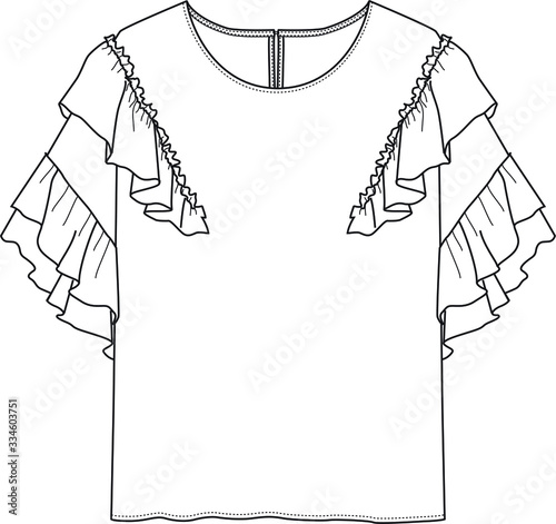 BLOUSE design,Fashion Flat Sketch, apparel template.Ruffle trims top.