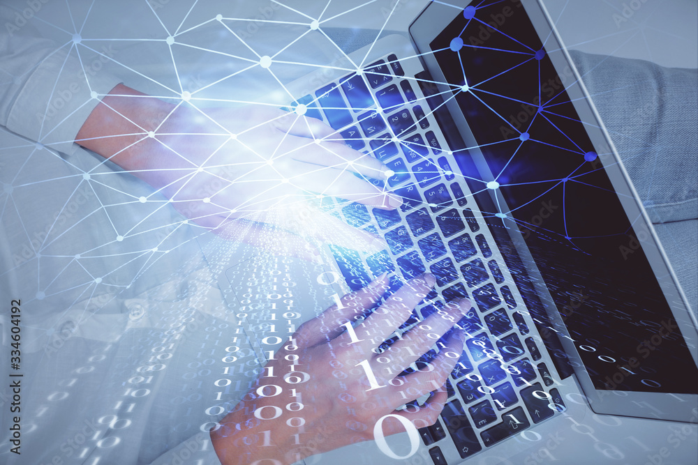 Double exposure of woman hands working on computer and data theme hologram drawing. Top View. Technology concept. Double exposure of woman hands working on computer and data theme hologram drawing. Top View. Technology concept.