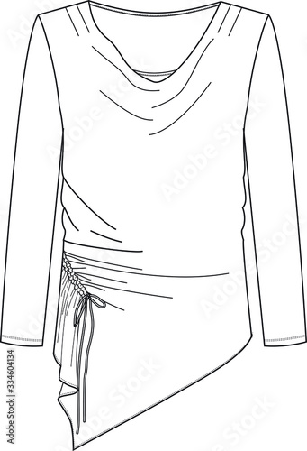 Drape neck T SHİRT design. Fashion Flat Sketch, apparel template.