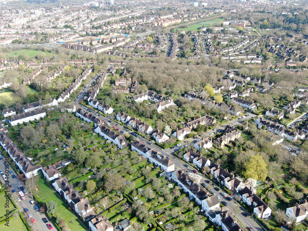 Aerial view of Hampstead Garden Suburb and typical house cottage, an elevated suburb of London.