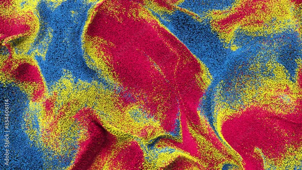 Wavy multicolored particles of liquid turbulent flow. Swirly mixing, morphing sand vortex motion