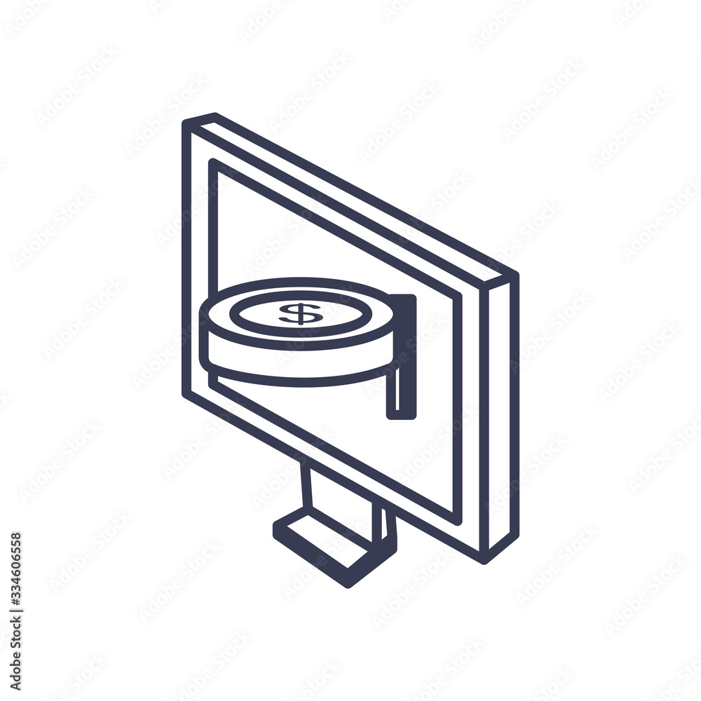 payments online concept, computer with money coin icon, line style