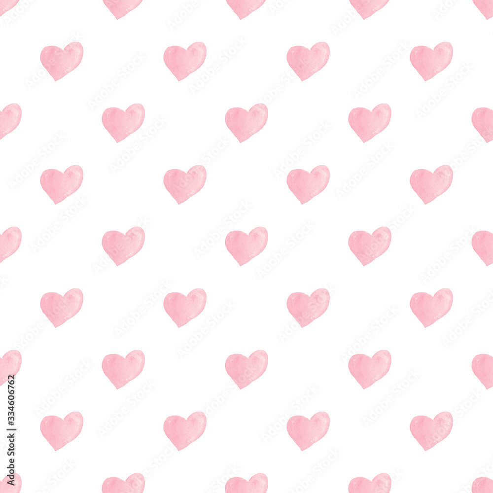 Watercolor seamless red heart pattern on white background. Lovely nursery room graphic decor.