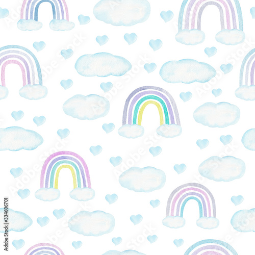 Watercolor seamless pattern with rainbows, clouds and hearts in trendy pastel colors. Hand drawn cute background.