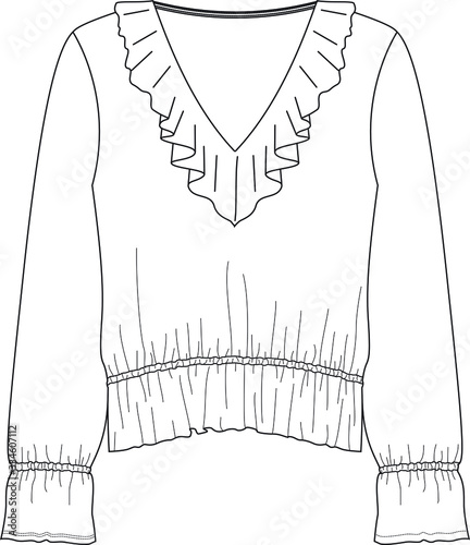 BLOUSE design,Fashion Flat Sketch, apparel template.Ruffle trims top.