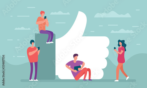 Social network and communication people. Like concept. People with phones at big thumbs up  like icon in flat style . Social media community background