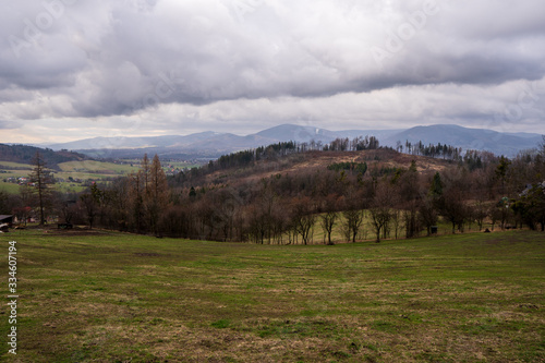 Fototapeta Naklejka Na Ścianę i Meble -  Meadow in mountains with forest and mountain peaks in background, Poland Beskidy