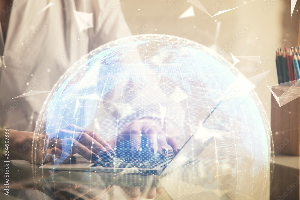 Double exposure of woman hands typing on computer and business theme hologram drawing. Success concept. Double exposure of woman hands typing on computer and business theme hologram drawing. Success concept.
