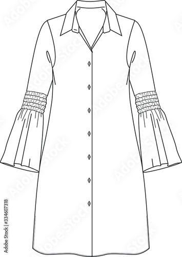 DRESS, Fashion Flat Sketches, Apparel Design Template. Collar shirt dress