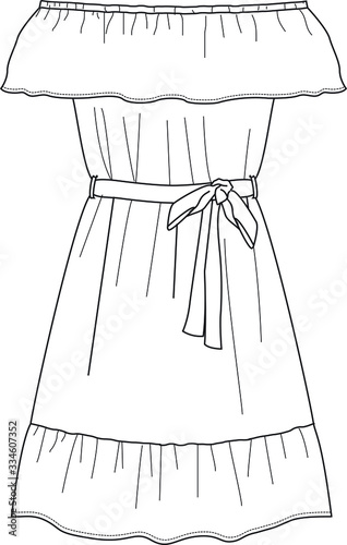 DRESS, Fashion Flat Sketches, Apparel Design Template. Ruffle bardot dress.