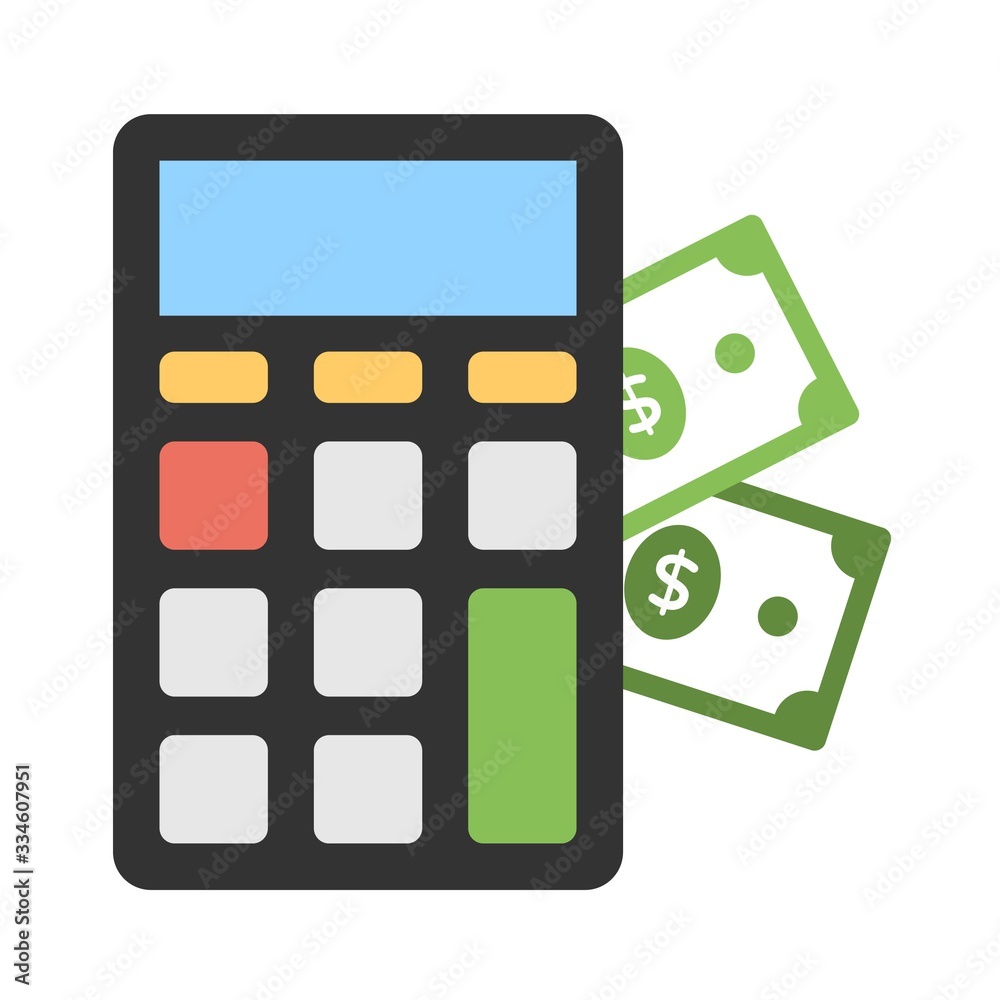 Commerce cost calculation icon in flat style. Calculator and money sign. Commerce cost calculation icon in flat style. Calculator and money sign.