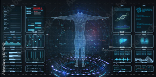 Modern medical examination HUD, UI, GUI style. Human body scan  Anatomy, ECG monitor, Dna formula. element medical examination. Display set virtual interface elements. Modern medical examination style