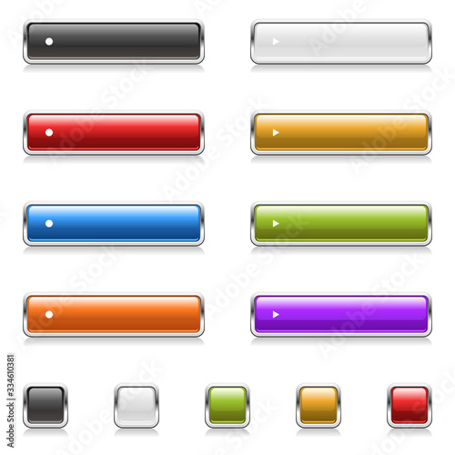 Vector set of chrome buttons with rounded corners in various colors (black, white, red, yellow, blue, green, orange, purple). Blank, isolated on white and easily editable.