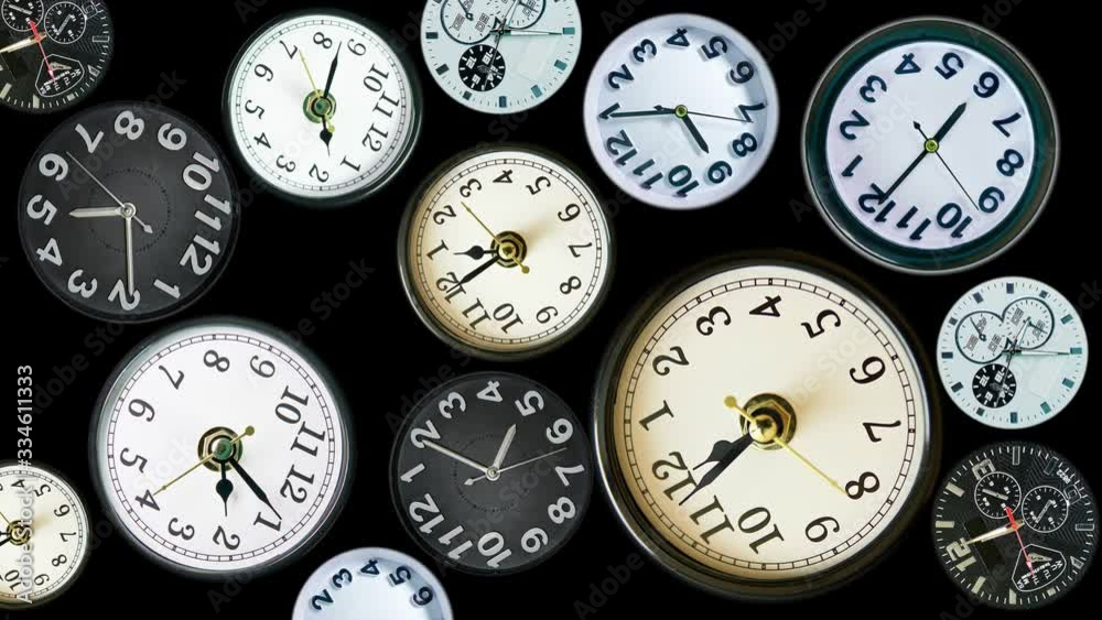 Various clock in one frame time lapse. Time concept footage made of real, different clock faces. Showing different time on black background. 4k.