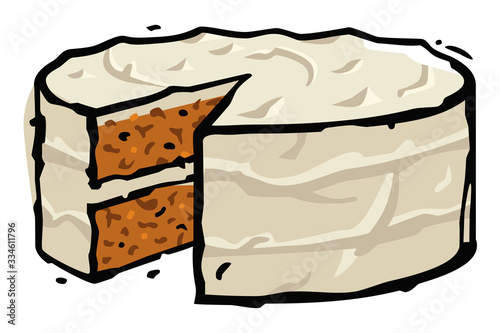 Vector drawing of a carrot cake with a missing slice. Drawn with an ink outline and isolated on white.