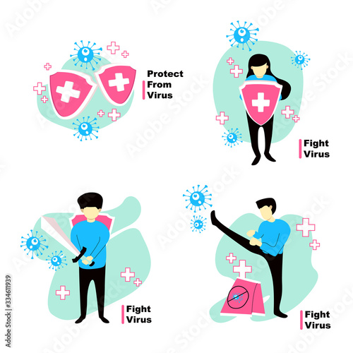 Vector illustration fight and protect from corona virus covid-19. people fight and defent virus concept. avoiding corona viruses. viruses vaccine concept. photo