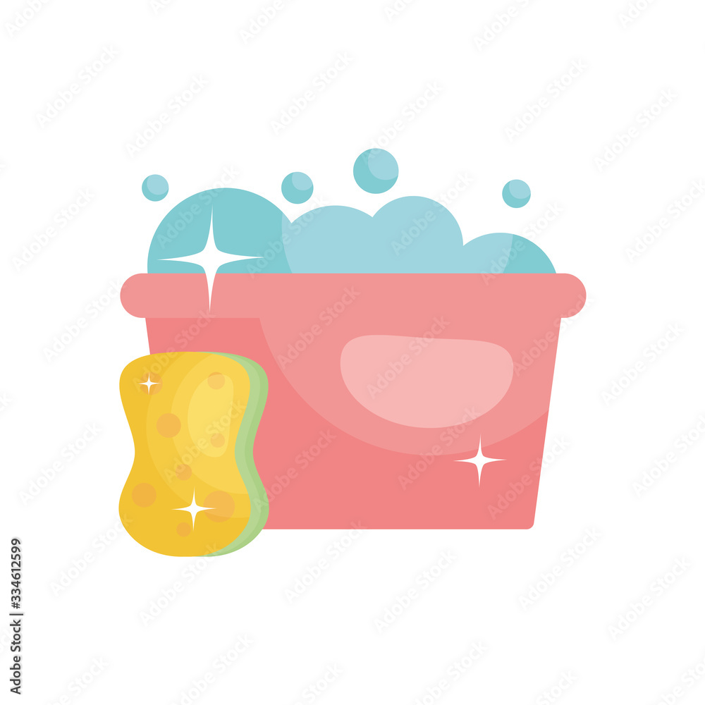 bucket with soapy water and sponge, flat style