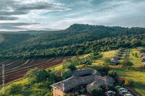 Aerial view of Sasakwa Lodge in Singtia Grumeti Reserves, Tanzania near Kilimanjaro volcano. Beautiful jungle lodge. photo