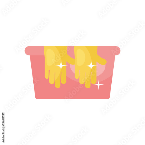bucket and cleaning gloves icon, flat style
