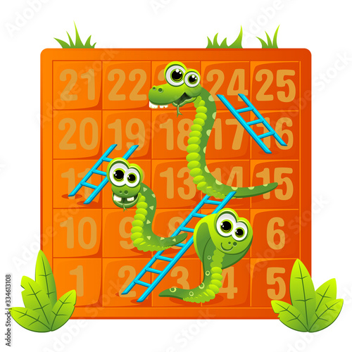 Vector drawing of a colorful cartoon snakes and ladders game. Includes 3 funny snakes (python, viper, cobra) on an orange numbered backdrop with vegetation.