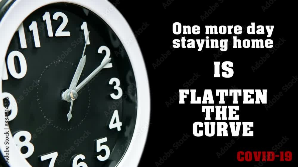 Clock dial close-up with COVID-19 pandemic quote: One more day staying home is flatten the curve. Table business timer face time lapse. Quarantine time and self isolation Coronavirus concept. 4k.