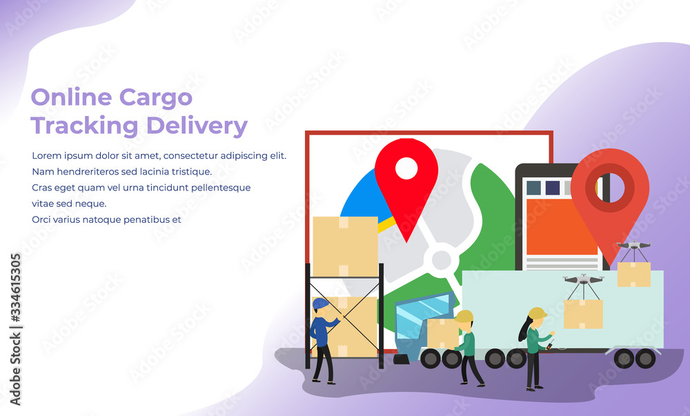 Online delivery service concept, online order tracking,Delivery home and office. City logistics. Warehouse, truck, forklift, courier, delivery man, on mobile. Vector illustration landing page template