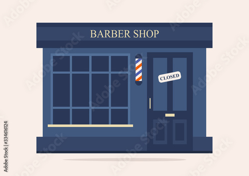 Barber shop exterior, hairdresser salon, closed sign, empty, no people