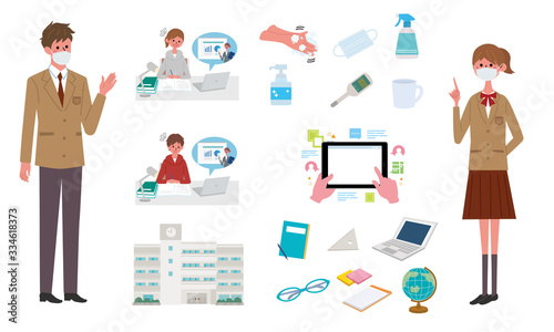 自宅学習　オンライン授業をうける　高校生　中学生　こども　イラスト